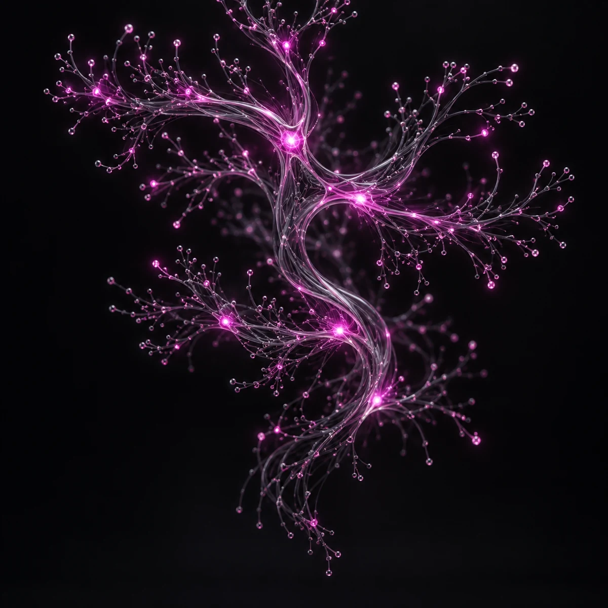 Rețea neuronală abstractă din filamente de sticlă ramificate și conexiuni luminoase mov și fucsia